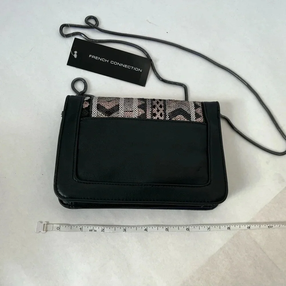 French Connection Chain Sequins Black Silver Crossbody Bag Clutch Purse